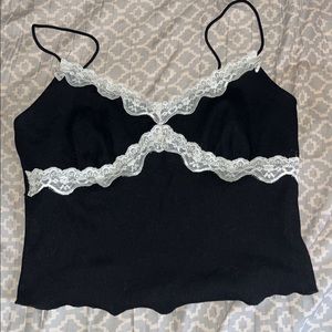 black cropped tank top with white lace